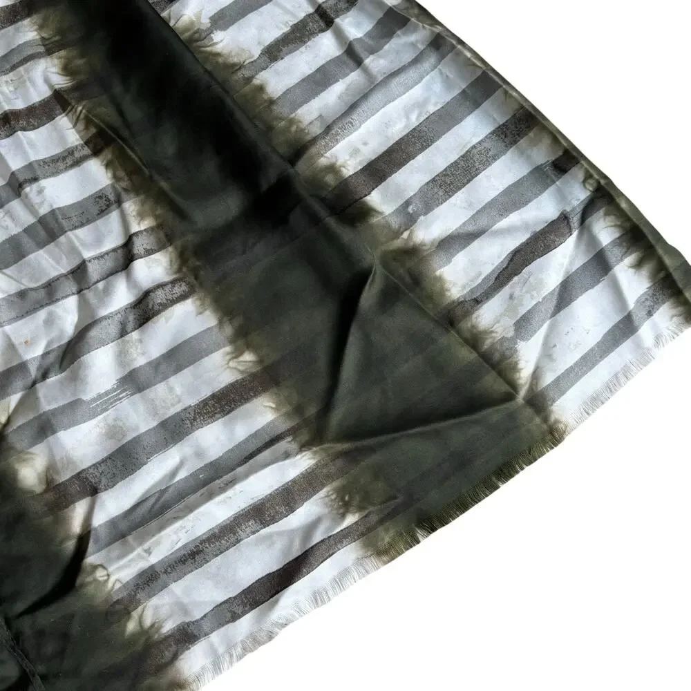 Chico’s silk scarf wrap shawl khaki green & white mod abstract stripes fringe